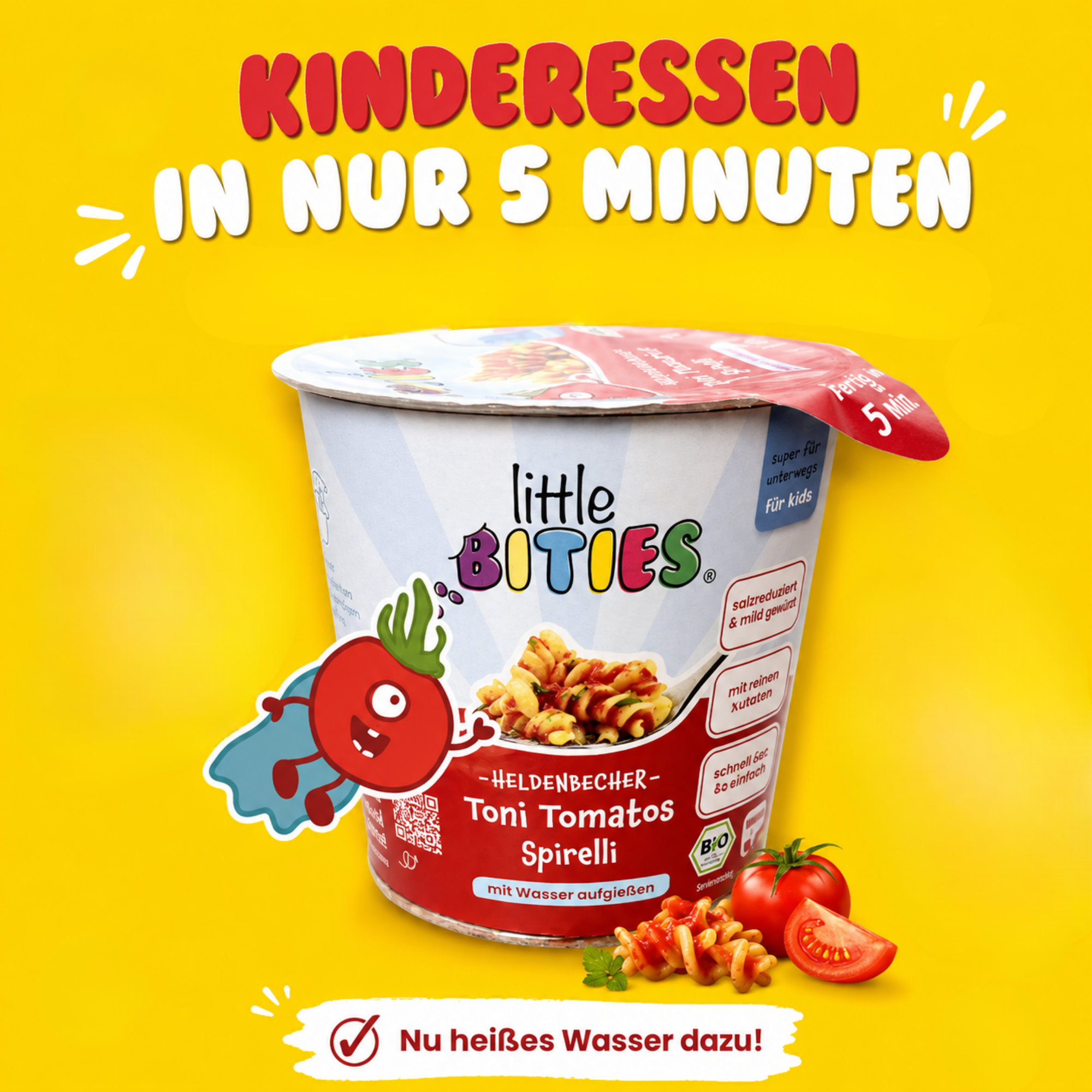 Heldenbecher Toni Tomatos Spirelli – Bio Pasta Cup für Kinder